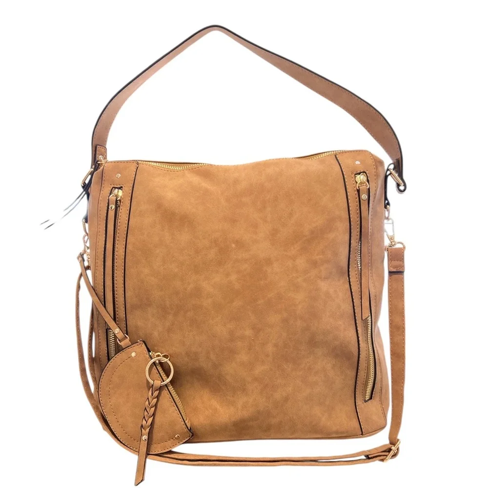 VR NYC Multi-Zip Trim Messenger Handbag Tote Purse Beige Faux Leather Urban Chic